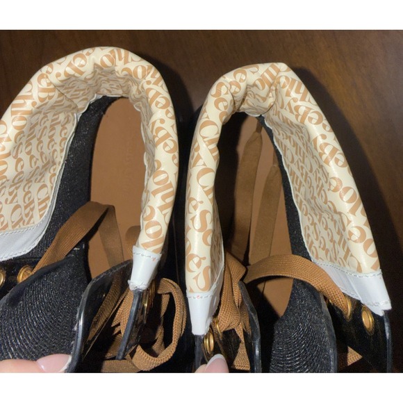 See By Chloe Luxury Black Glossy Logo Rain Boots Lace Up Combat Booties Size 8 - Picture 13 of 16